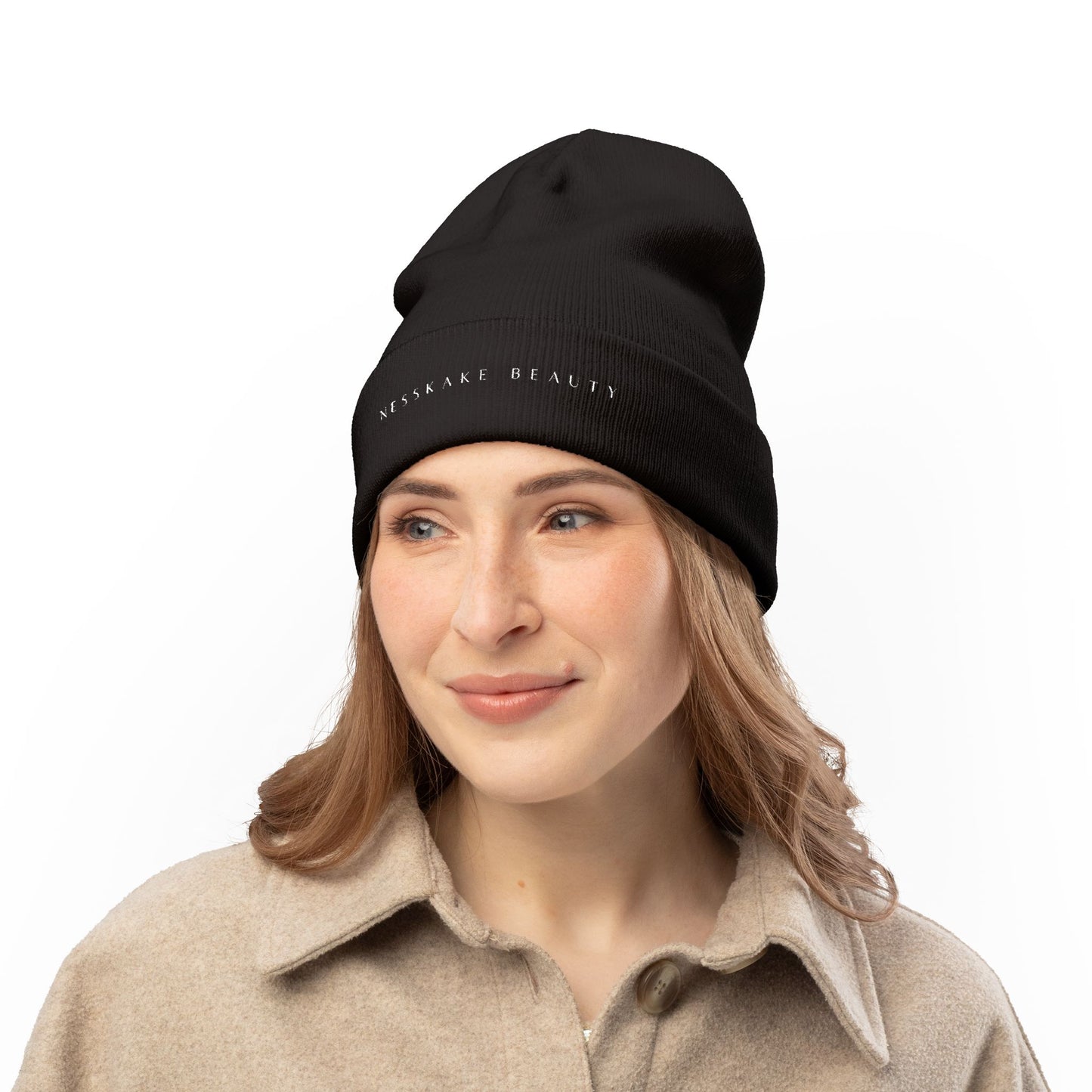 NB Embroidered Knit Beanie — Minimal Black Cuffed Hat