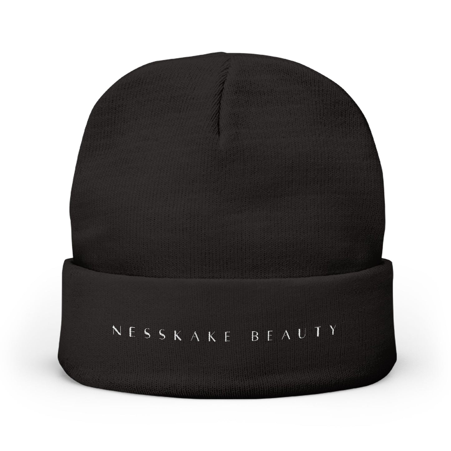NB Embroidered Knit Beanie — Minimal Black Cuffed Hat