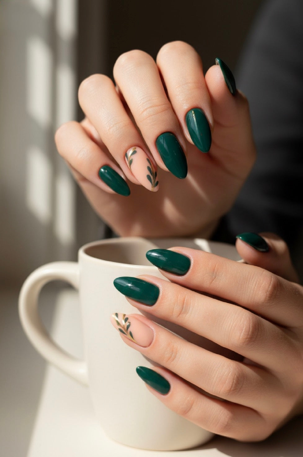 DEEP GREEN & NUDE LEAF ART SET