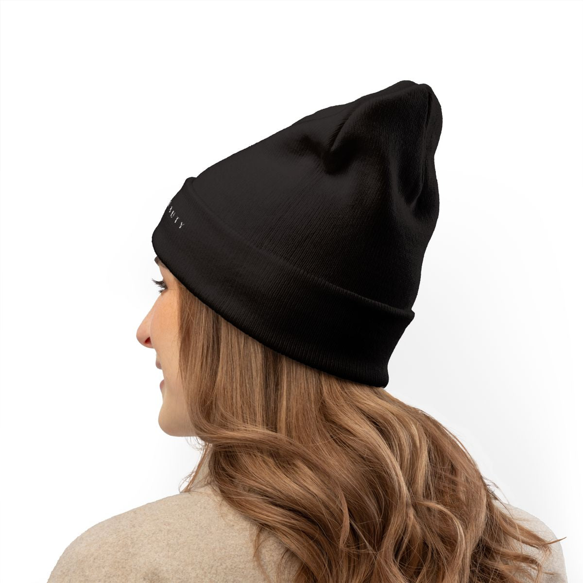 NB Embroidered Knit Beanie — Minimal Black Cuffed Hat